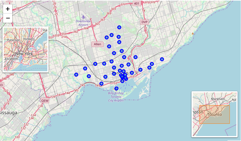 The map of toronto with the neighborhoods.